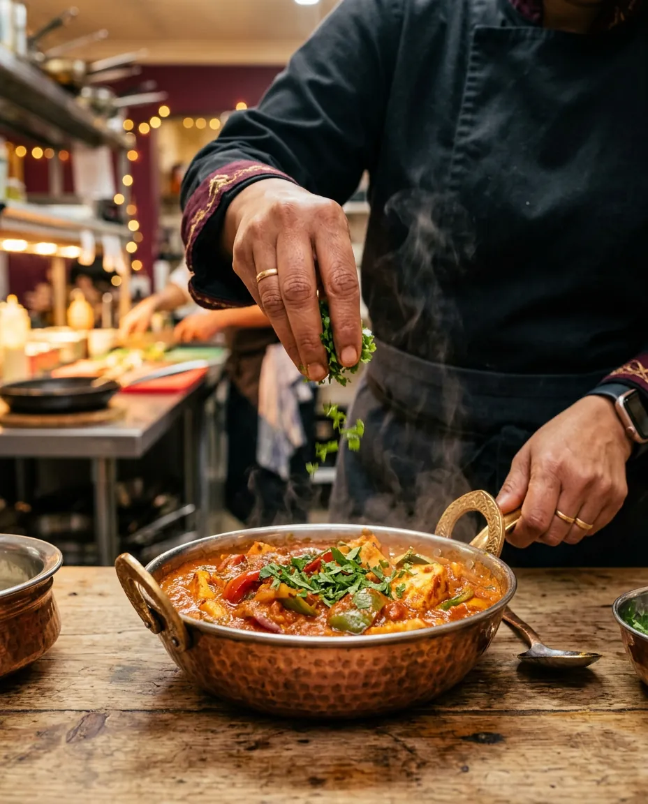 Chef garnishing a paneer curry