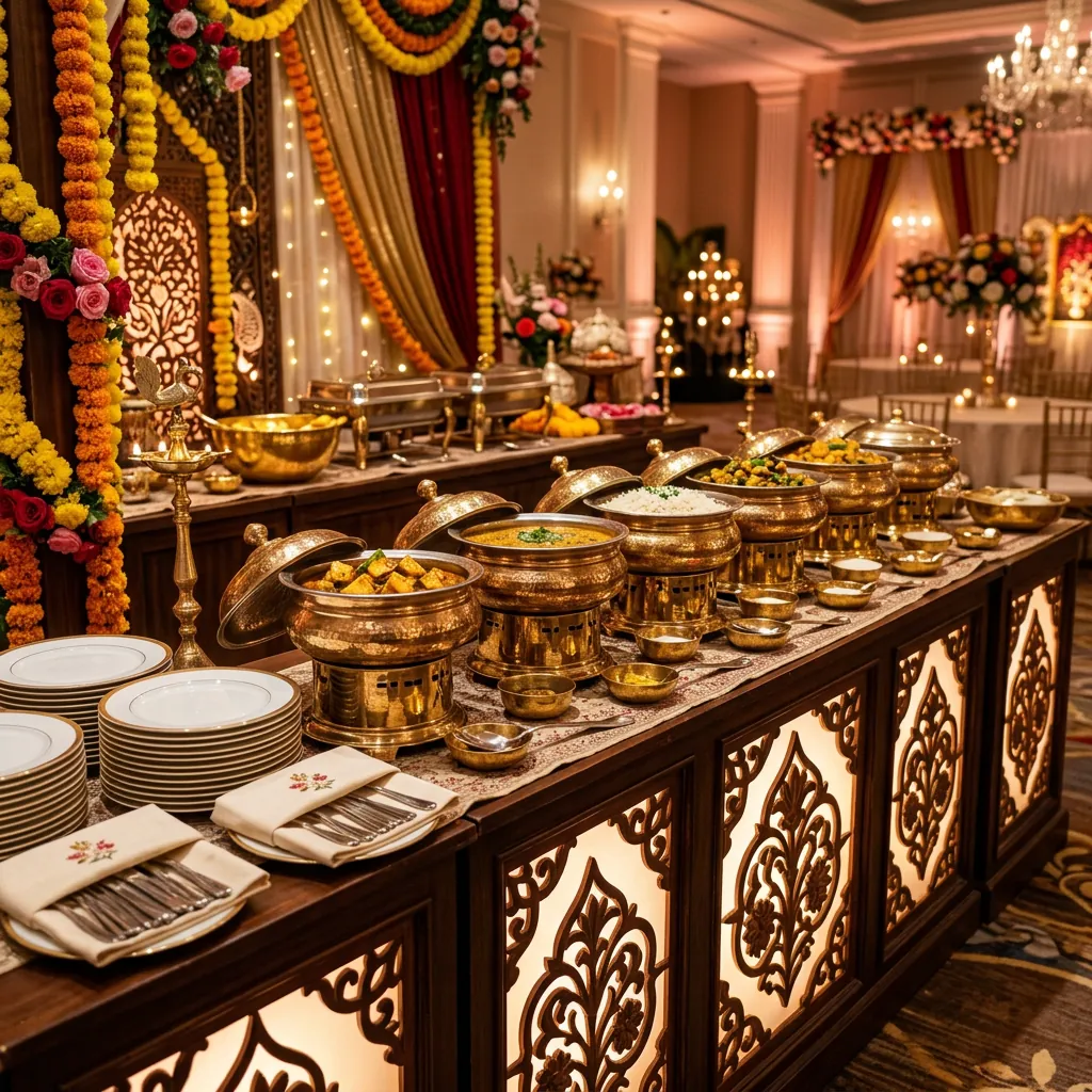 Brass handi buffet counter with floral décor