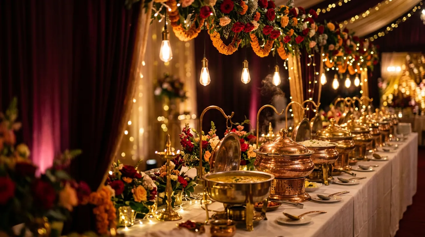 Golden buffet counters at a wedding night